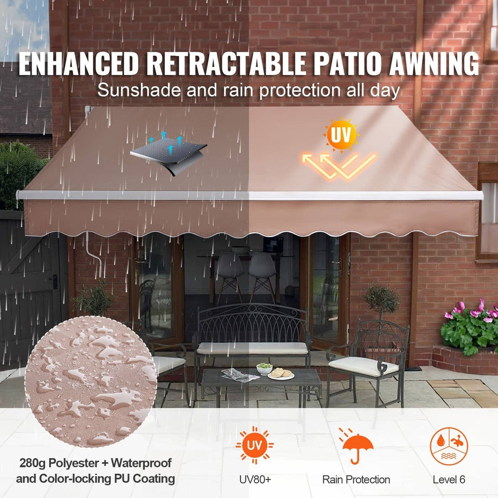 Retractable patio awning over doorway with tan canopy fabric and white scalloped valance.