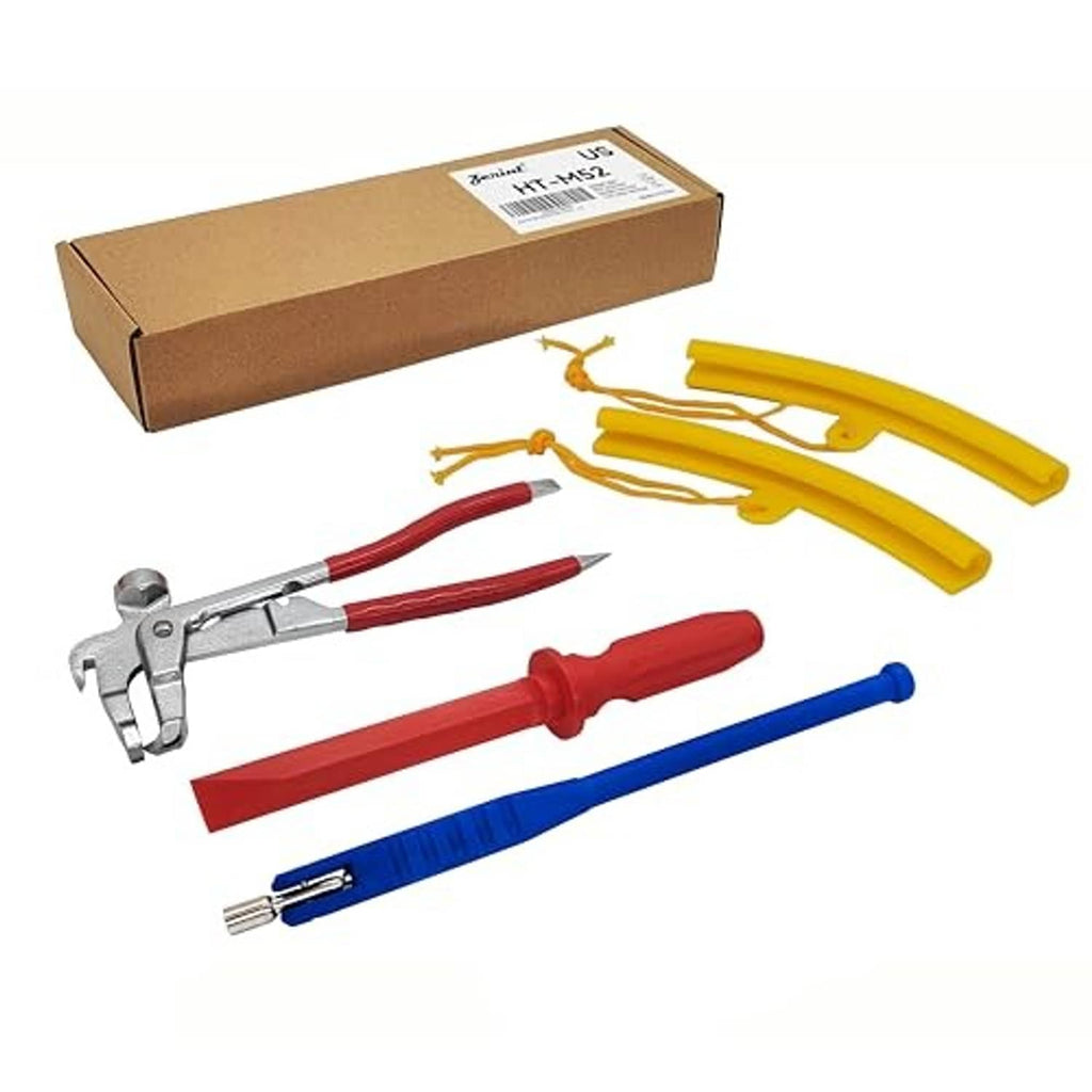 Wheel weight tool set with rim protectors, yellow hooks, red grips, blue handle tool
