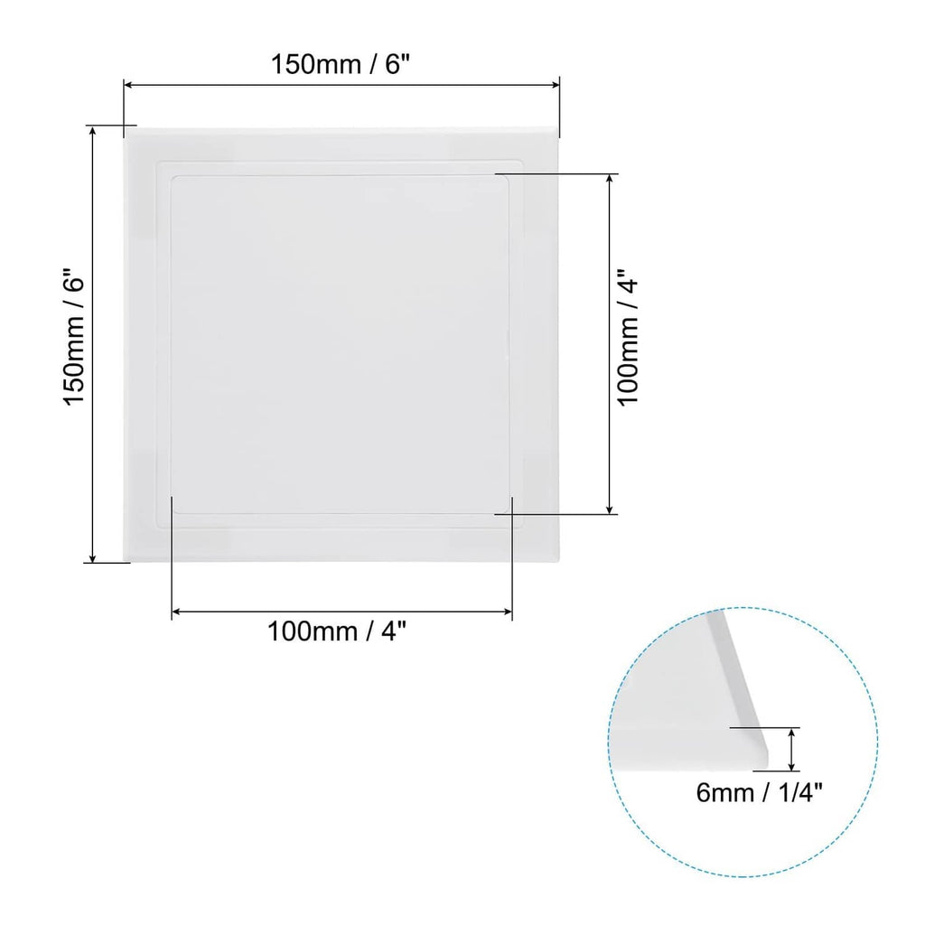 White self-adhesive access panel, 4x4 in square, size and thickness shown