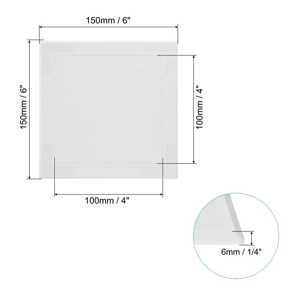 White self-adhesive access panel, 4x4 in square, size and thickness shown