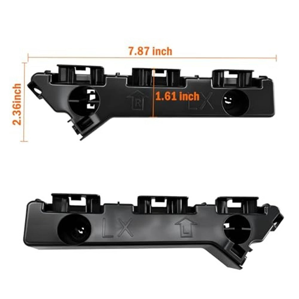 Black plastic front bumper bracket pair with dimension markings and round openings