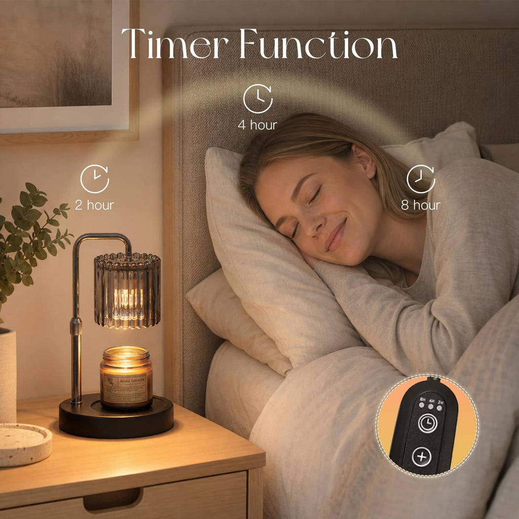 Candle wax melt warmer with timer control illustration and warm light flame box