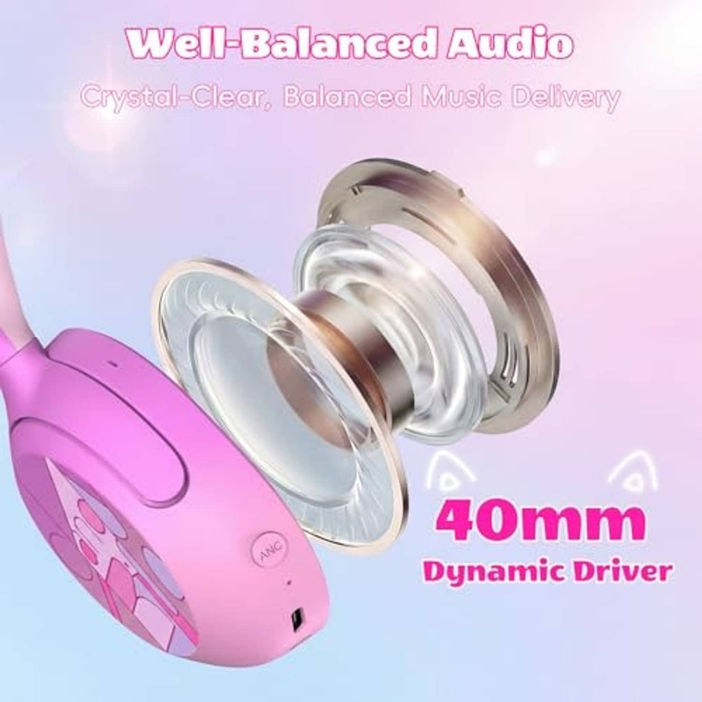 Pink over-ear Bluetooth headphones with LED cat ears and visible speaker driver