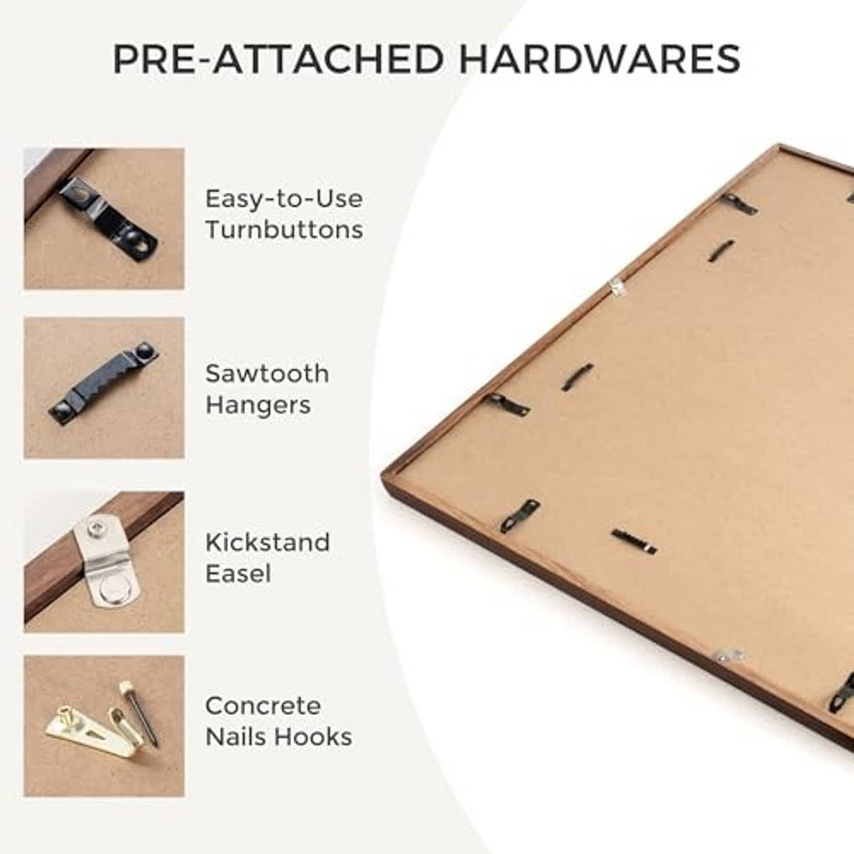 Back of picture frame with pre-attached mounting hardware and hangers
