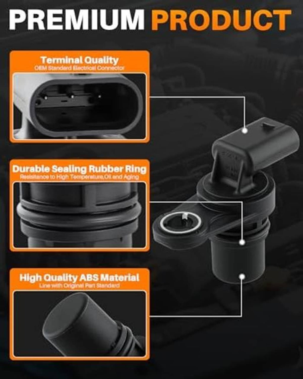 Camshaft position sensor showing terminal connector and rubber sealing ring detail
