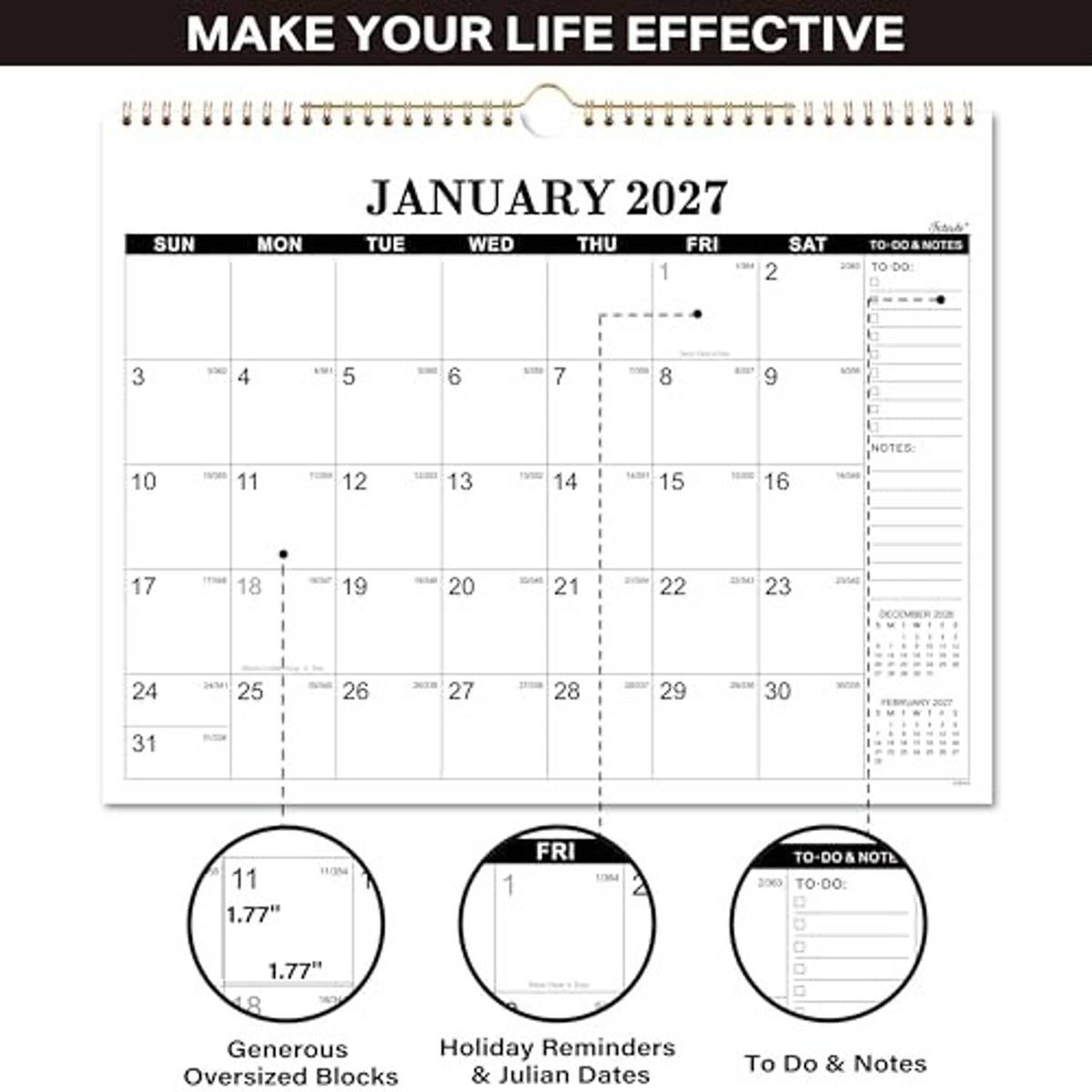 January 2027 wall calendar with planner callouts for generous reminders and to-do