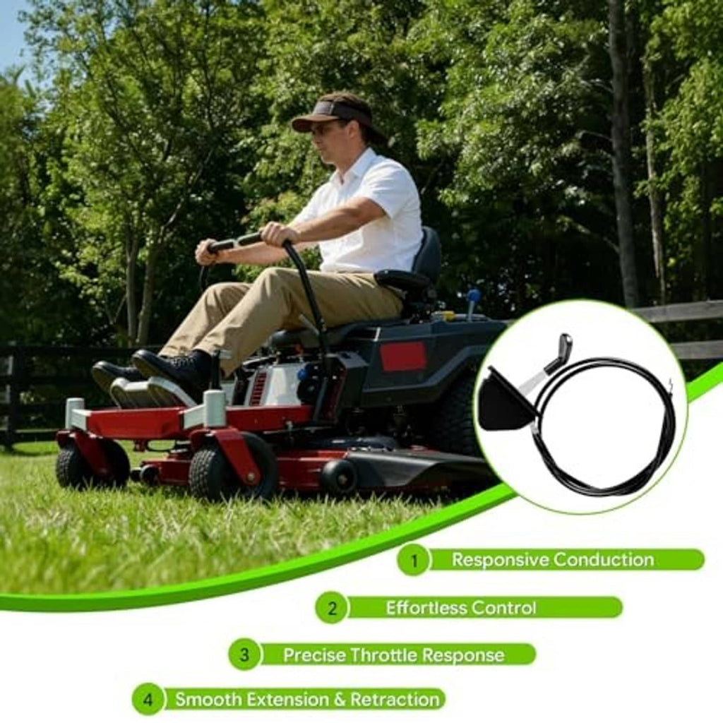 Black throttle cable assembly with lever on a red riding lawn mower