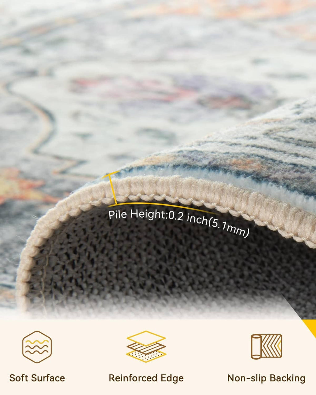 Low-pile washable area rug edge close-up with 0.2 in (5 mm) pile height marking
