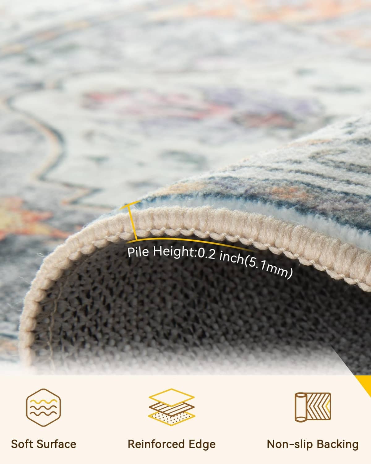 Low-pile washable area rug edge close-up with 0.2 in (5 mm) pile height marking