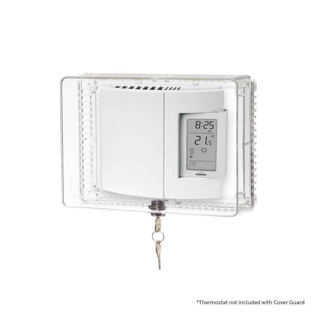 Clear thermostat guard with wall thermostat display, key lock and keys included