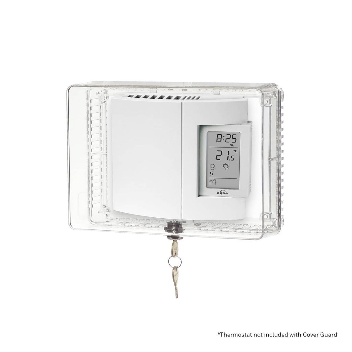 Clear thermostat guard with wall thermostat display, key lock and keys included