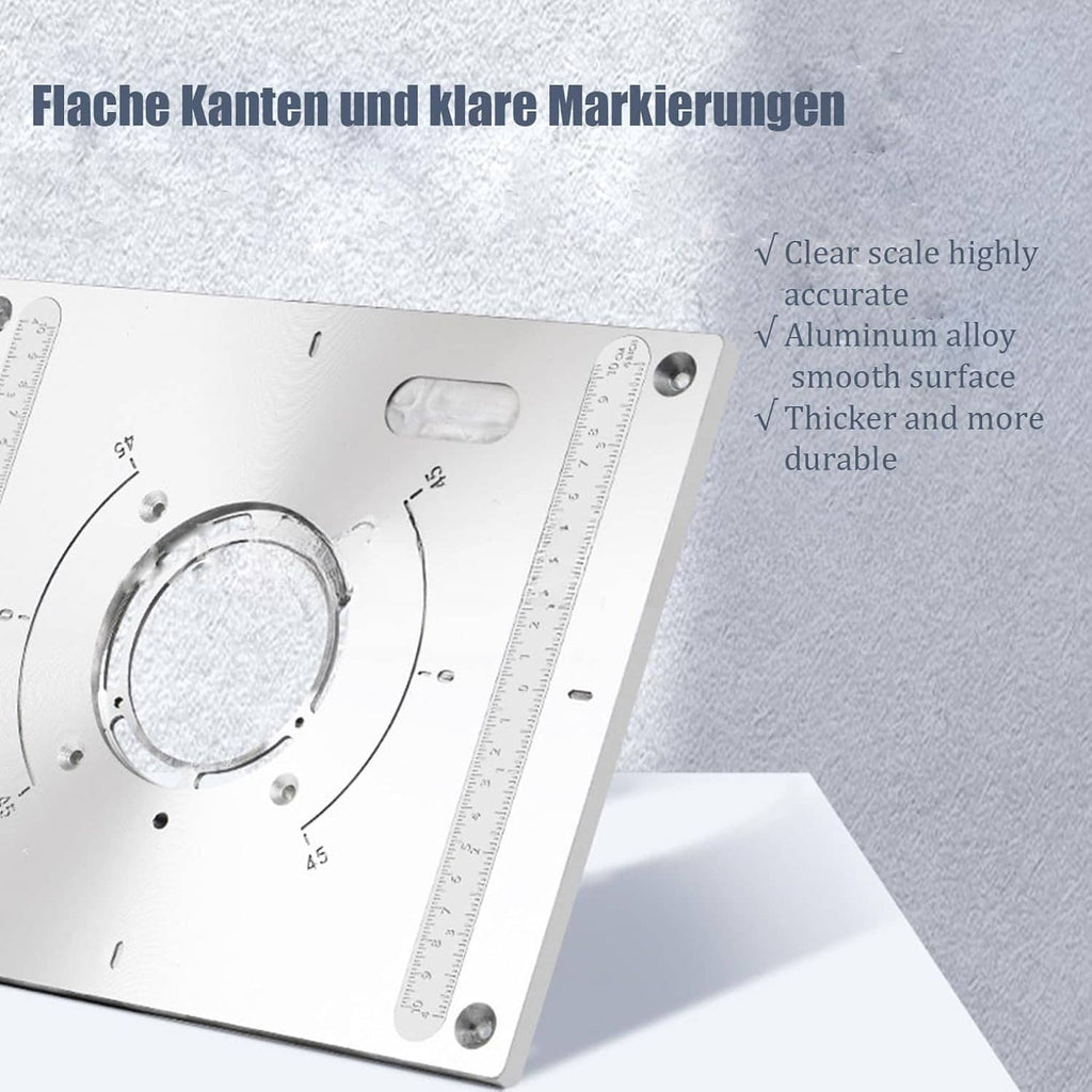 Aluminum router table insert plate with clear scale ruler edge and round cutout