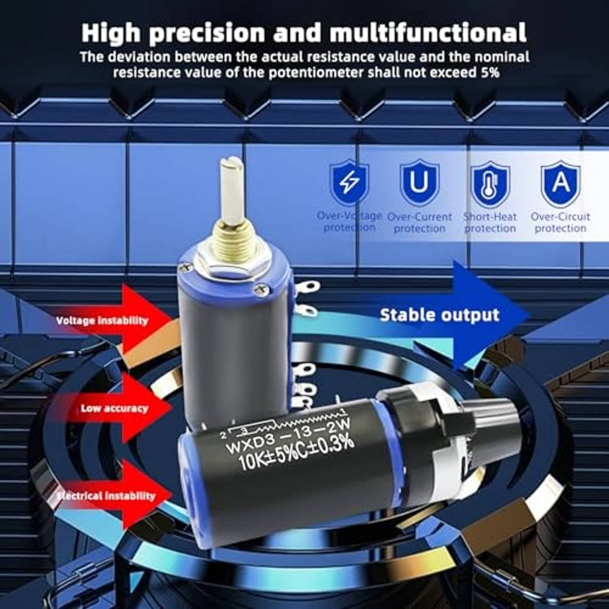 Blue multi-turn potentiometer with metal shaft, shown with stability and voltage diagram