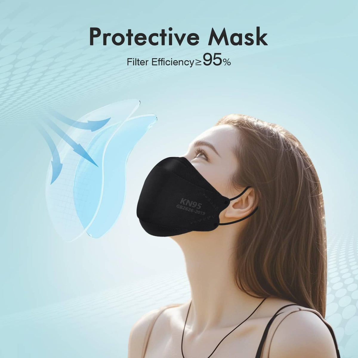 Black KN95 respirator face mask worn by a person with ear loops