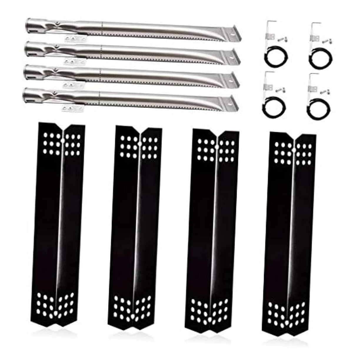 Porcelain steel grill burner tubes set with black heat shields and mounting rings