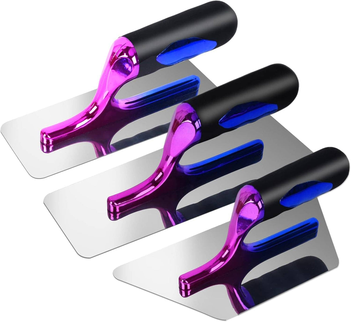 Stainless venetian plaster trowel set of 3, magenta and blue with black handles