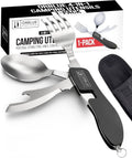 4-in-1 camping utensil set with spoon, fork, knife, and opener in black pouch