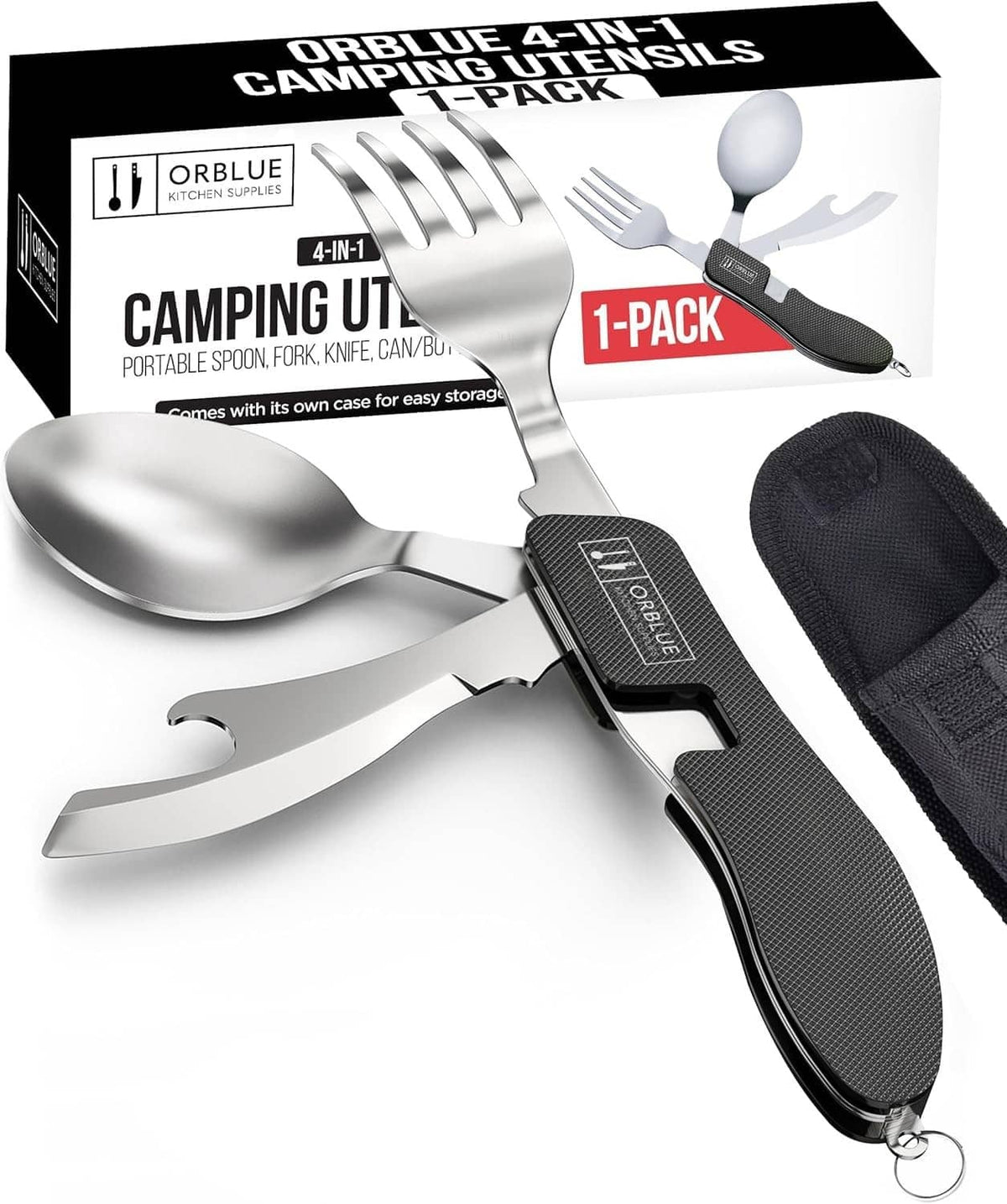 4-in-1 camping utensil set with spoon, fork, knife, and opener in black pouch