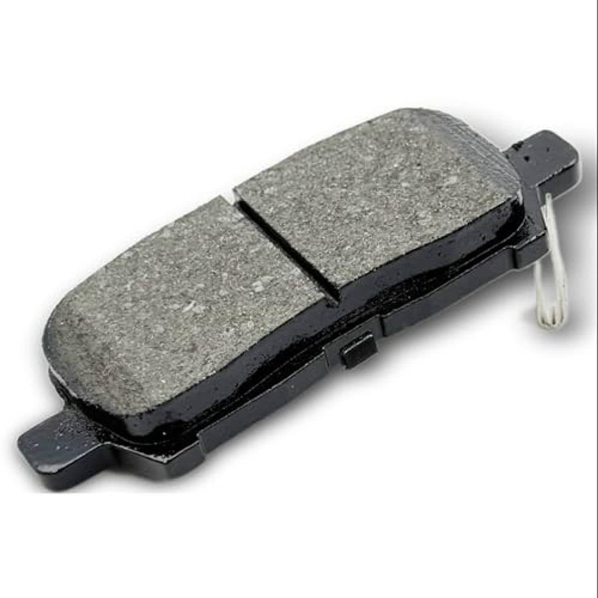 Ceramic brake pad with gray friction material and black backing, with metal clip detail.
