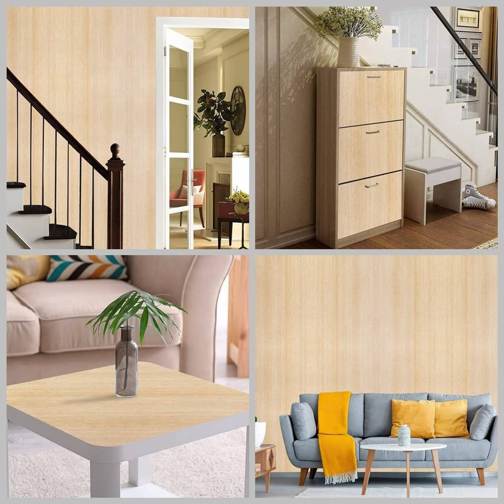 Light oak woodgrain contact paper applied to furniture and walls in home interiors