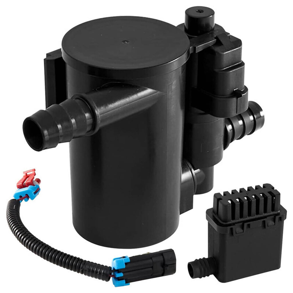 Evap vent solenoid valve assembly with black canister, inline hoses, and wiring plugs