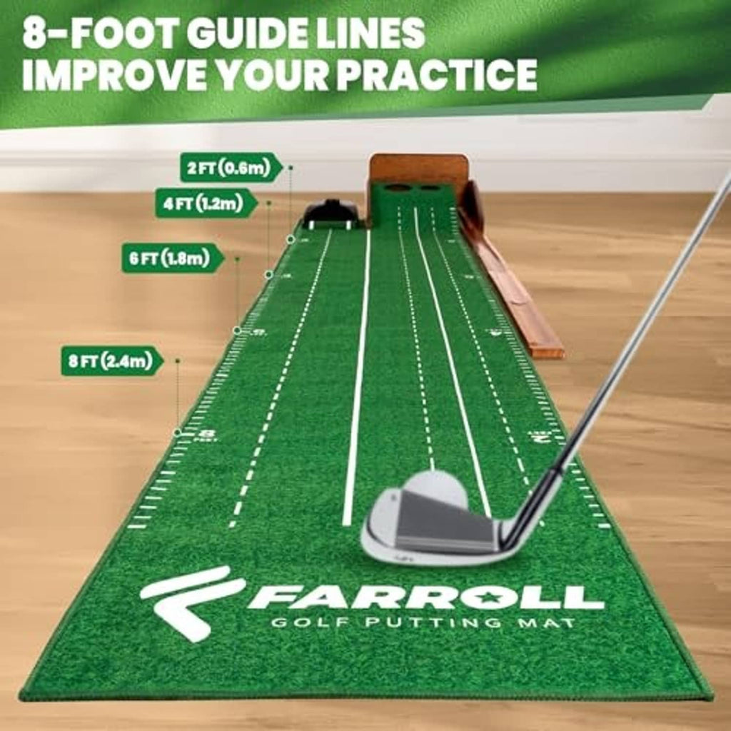 Golf putting green mat with white dashed guide lines and integrated putting cup area