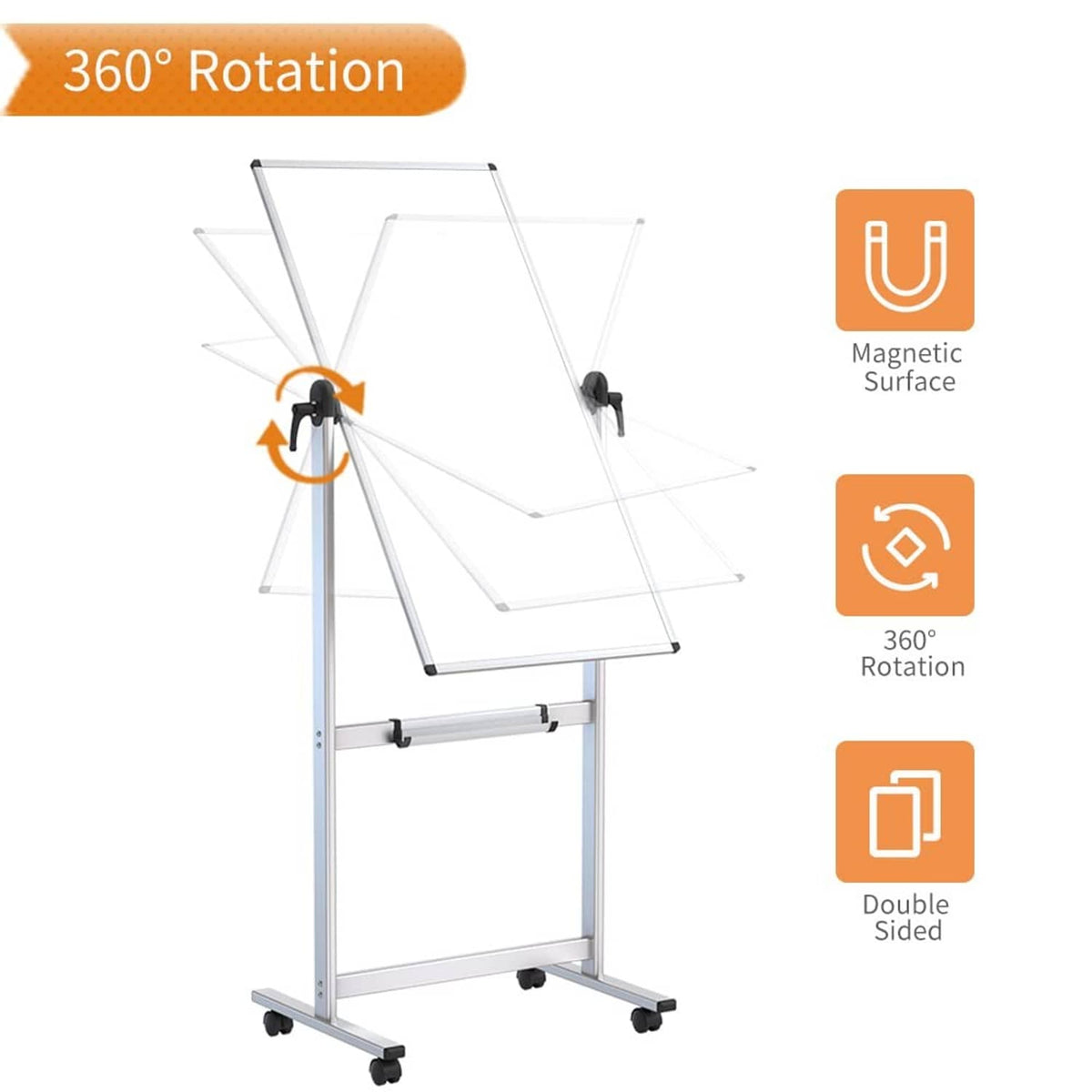 Mobile magnetic whiteboard featuring 360-degree rotation and locking display stand.