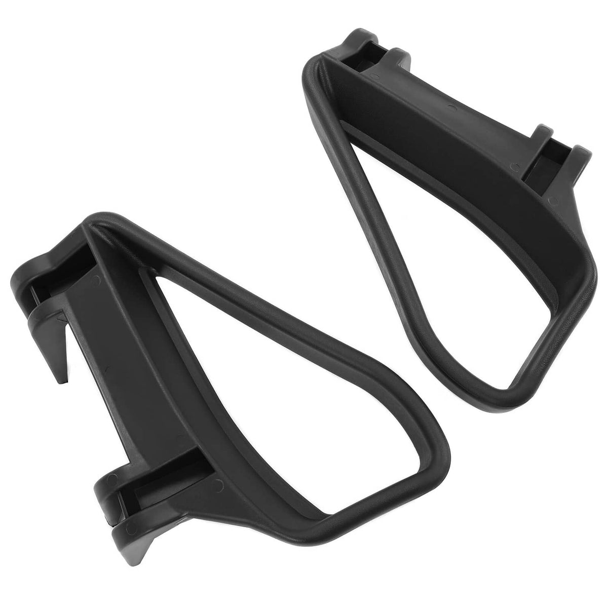 Two black armrest/handle brackets viewed from the side, showing curved bars