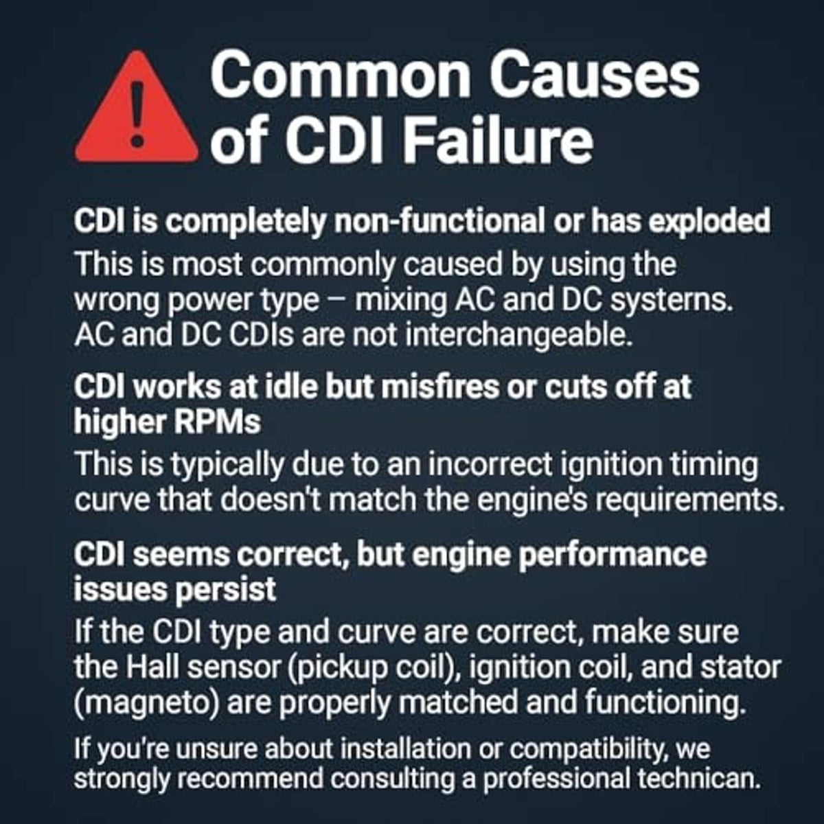 CDI failure causes warning infographic for AC CDI use and compatibility