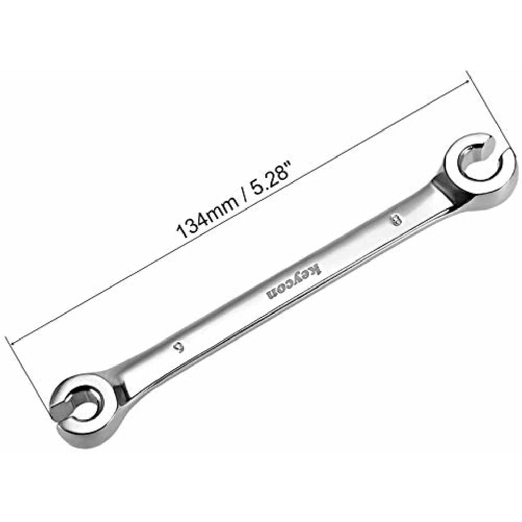 Offset flare-nut wrench with double open ends, dimension diagram shown, size 6x8mm.