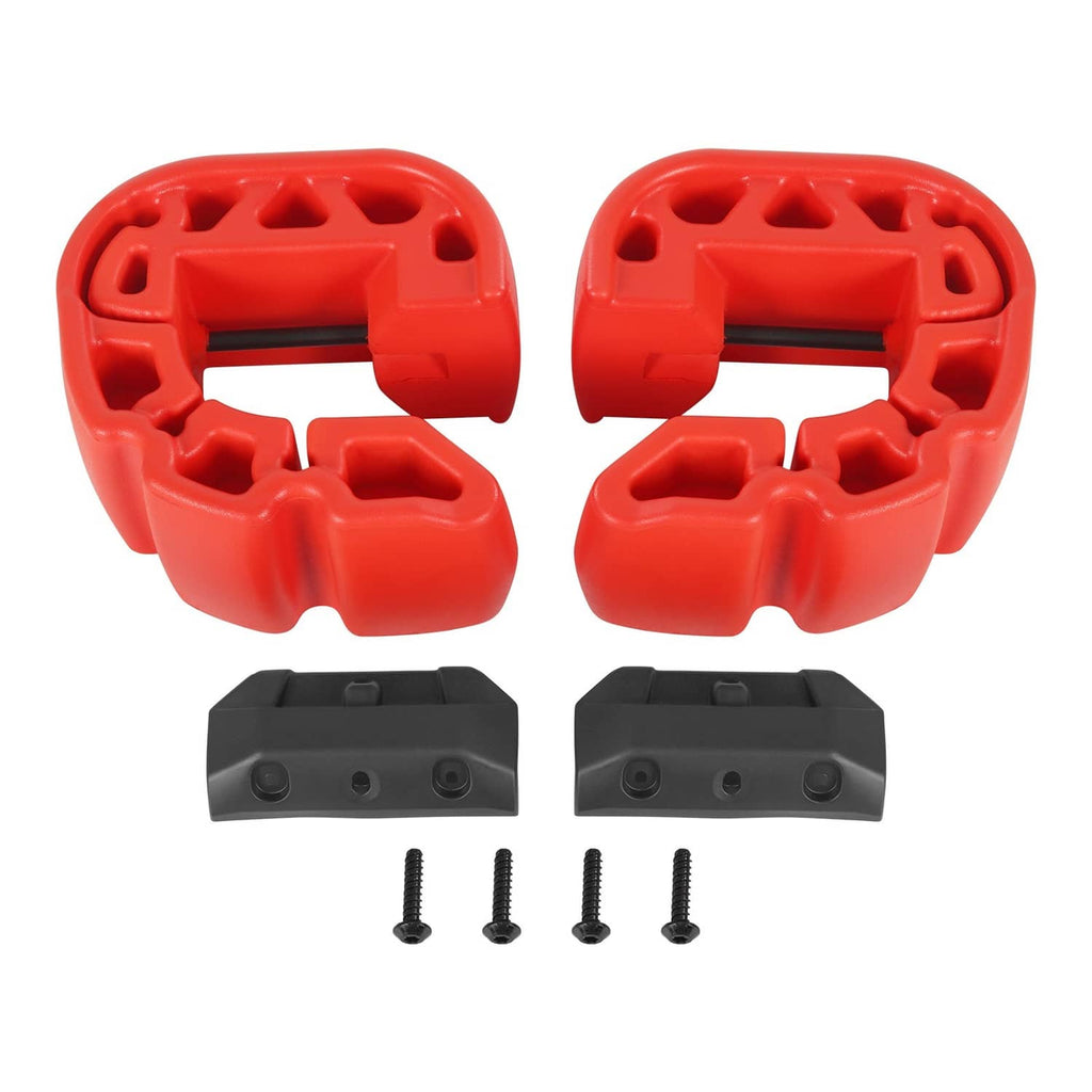 Red bumper fenders with black base mounts and four screws, two-pack
