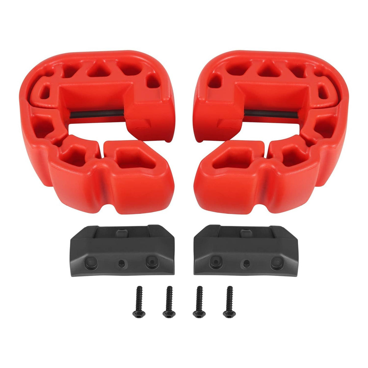 Red bumper fenders with black base mounts and four screws, two-pack