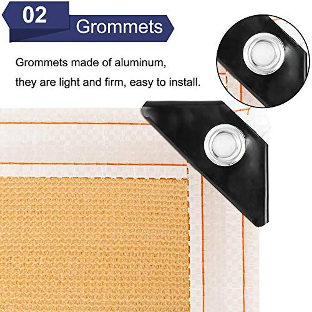 Tan shade sail edge with aluminum grommets, corner detail