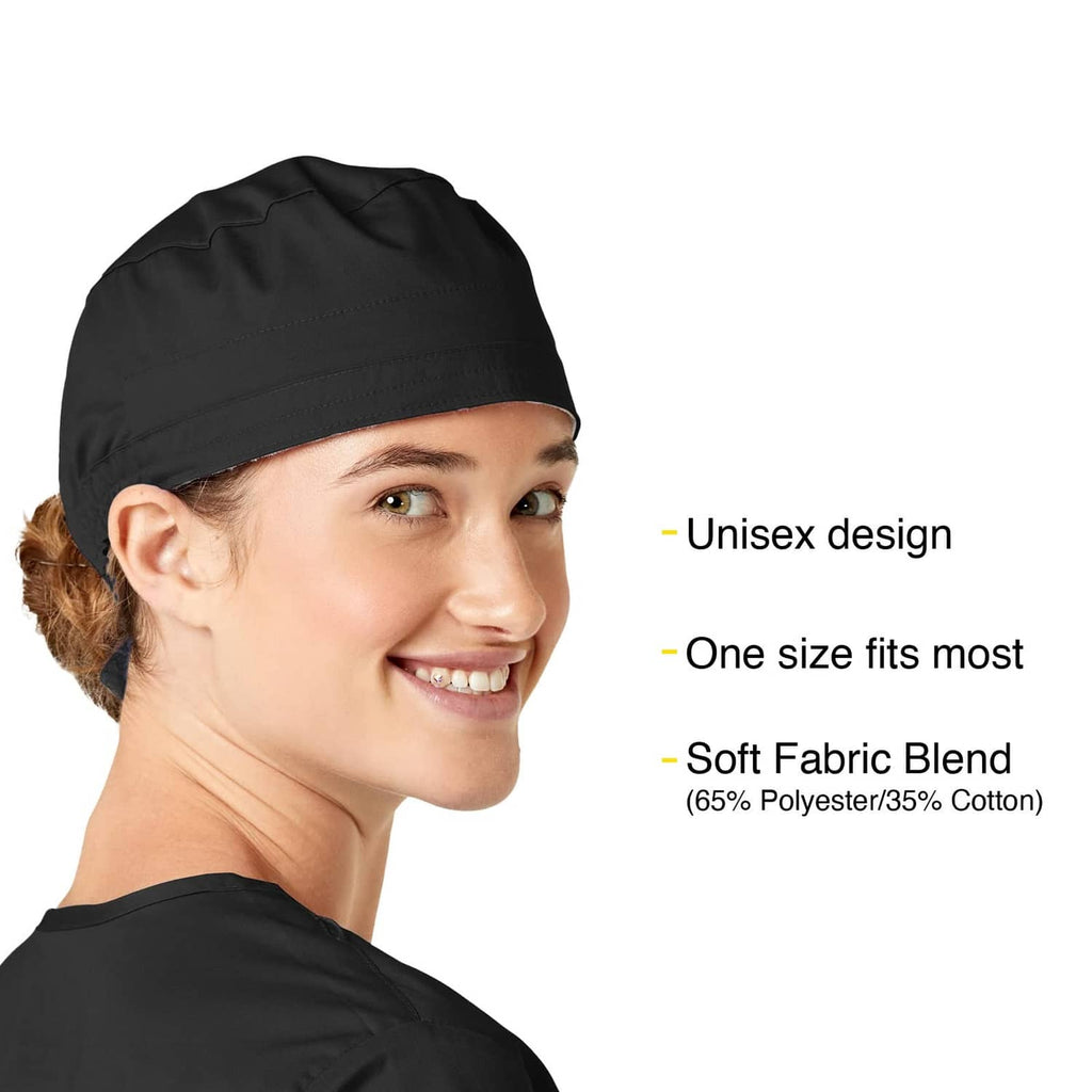 Black unisex scrub cap, smooth fabric with tie-back closure