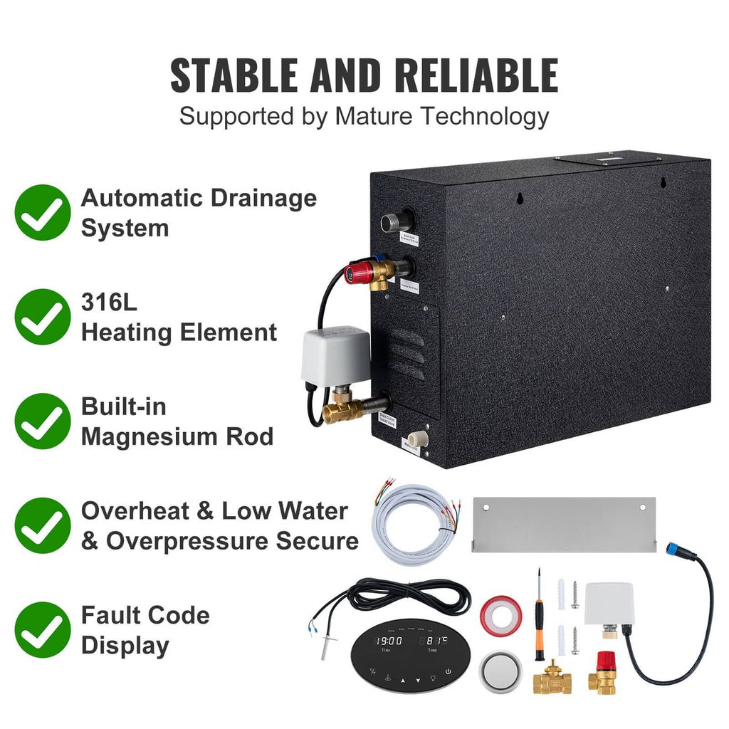 Black steam generator sauna unit with automatic drainage port and included accessories