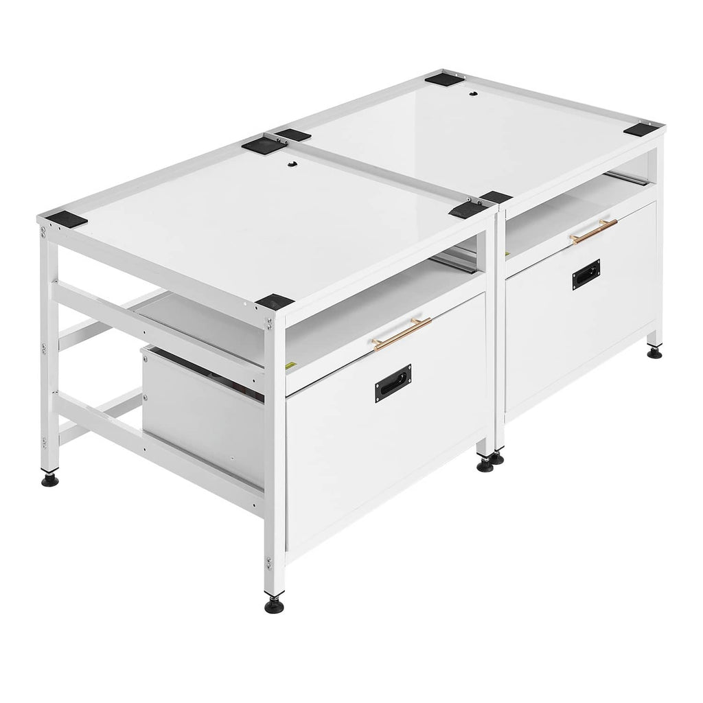 White washer base pedestal with double top tray sections, two drawers, and support frame