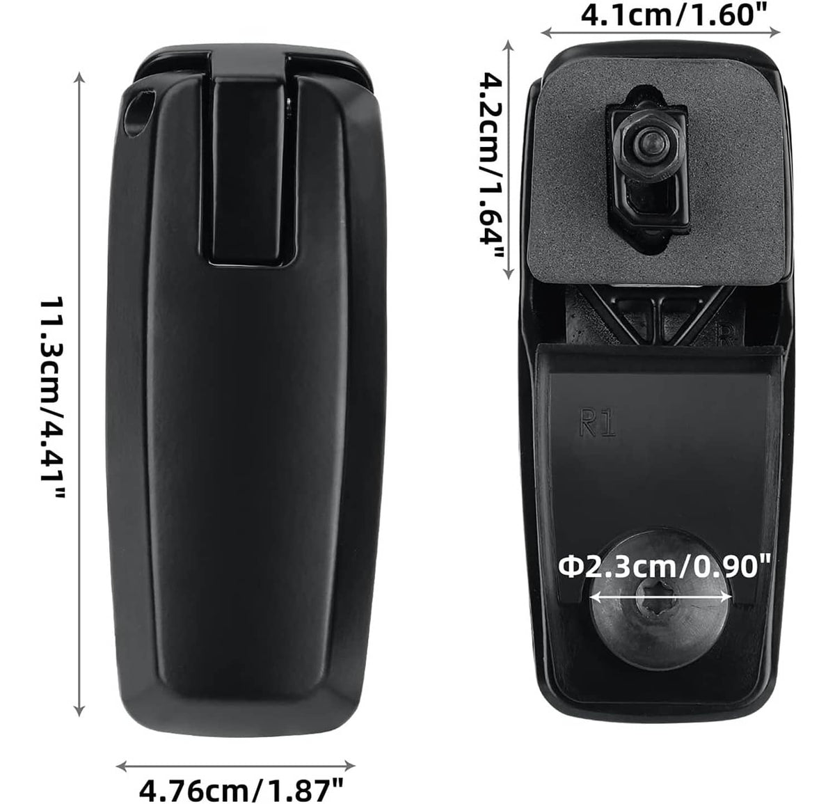 Black rear liftgate window hatch hinges with mounting hardware, front and side views