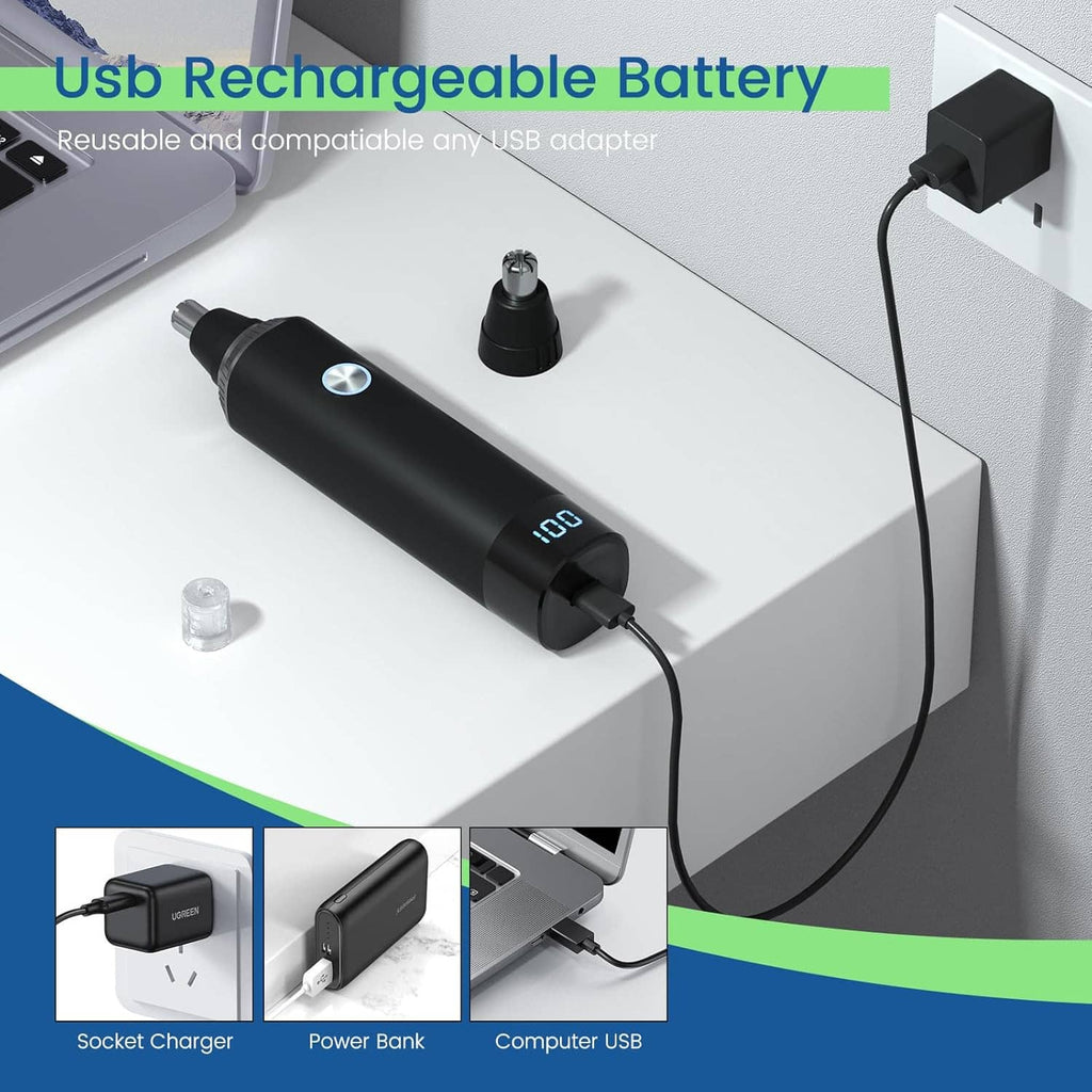 Black rechargeable ear and nose trimmer with USB charging cable and plug adapter