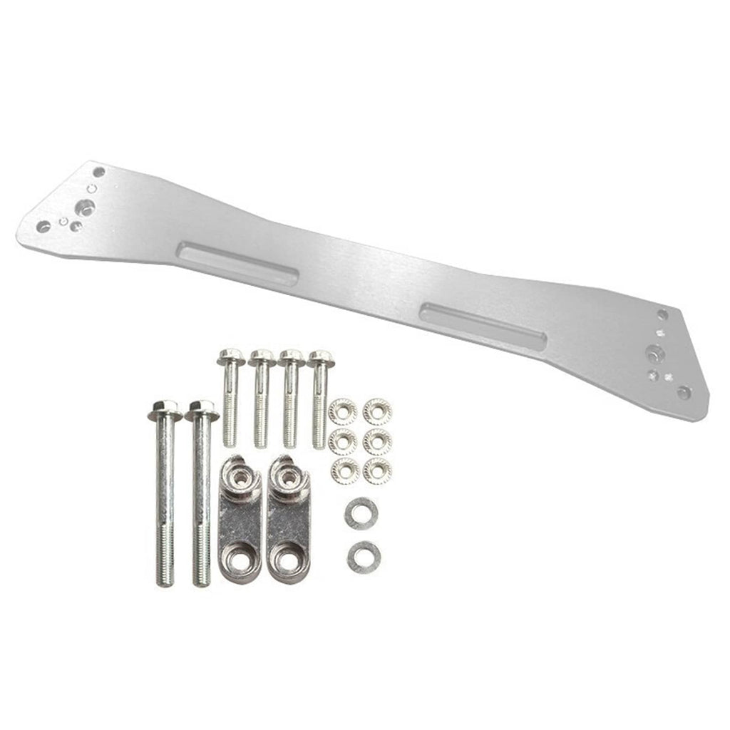 Silver rear lower chassis tie brace bar with mounting hardware and bolts