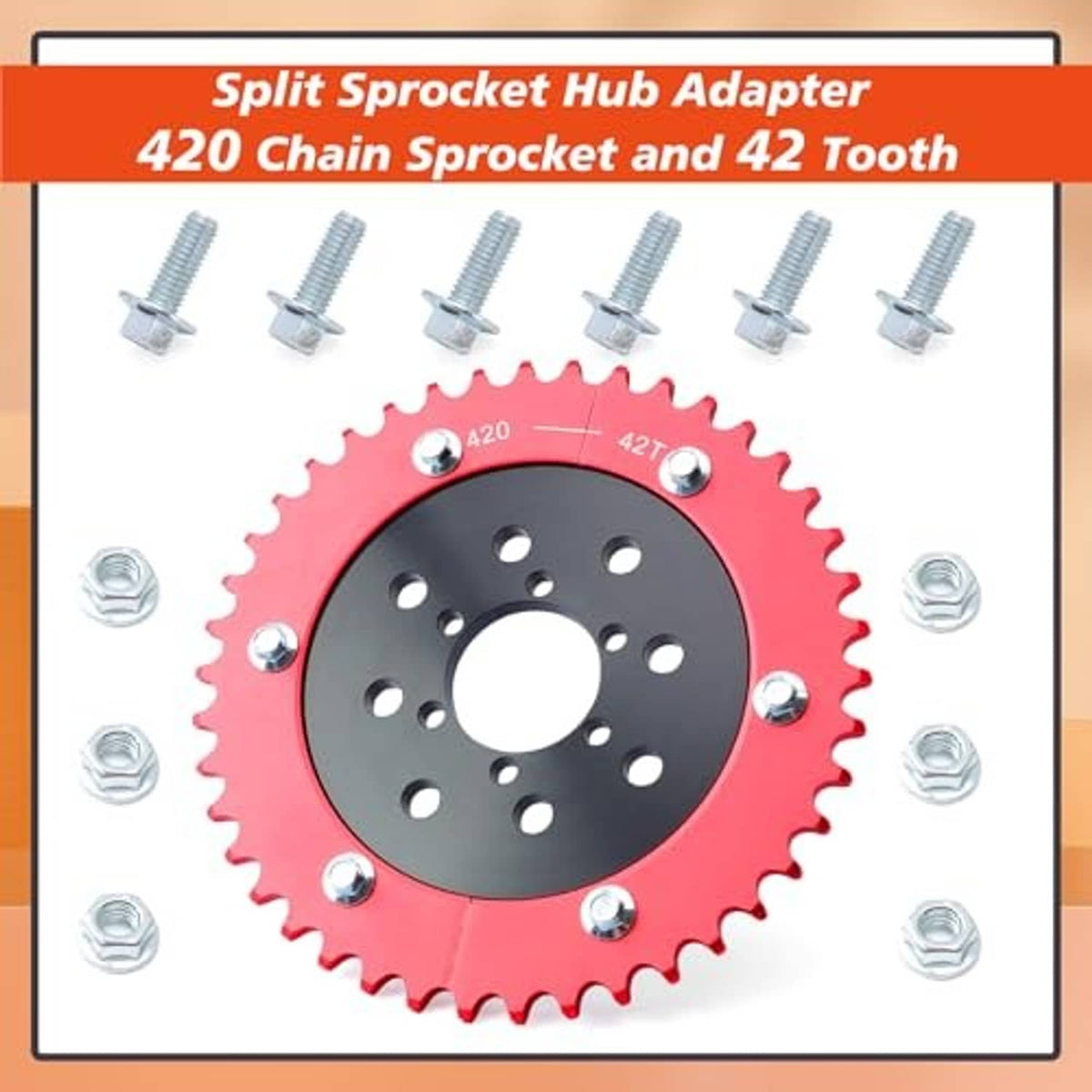 Red and black split sprocket hub adapter with screws and nuts shown