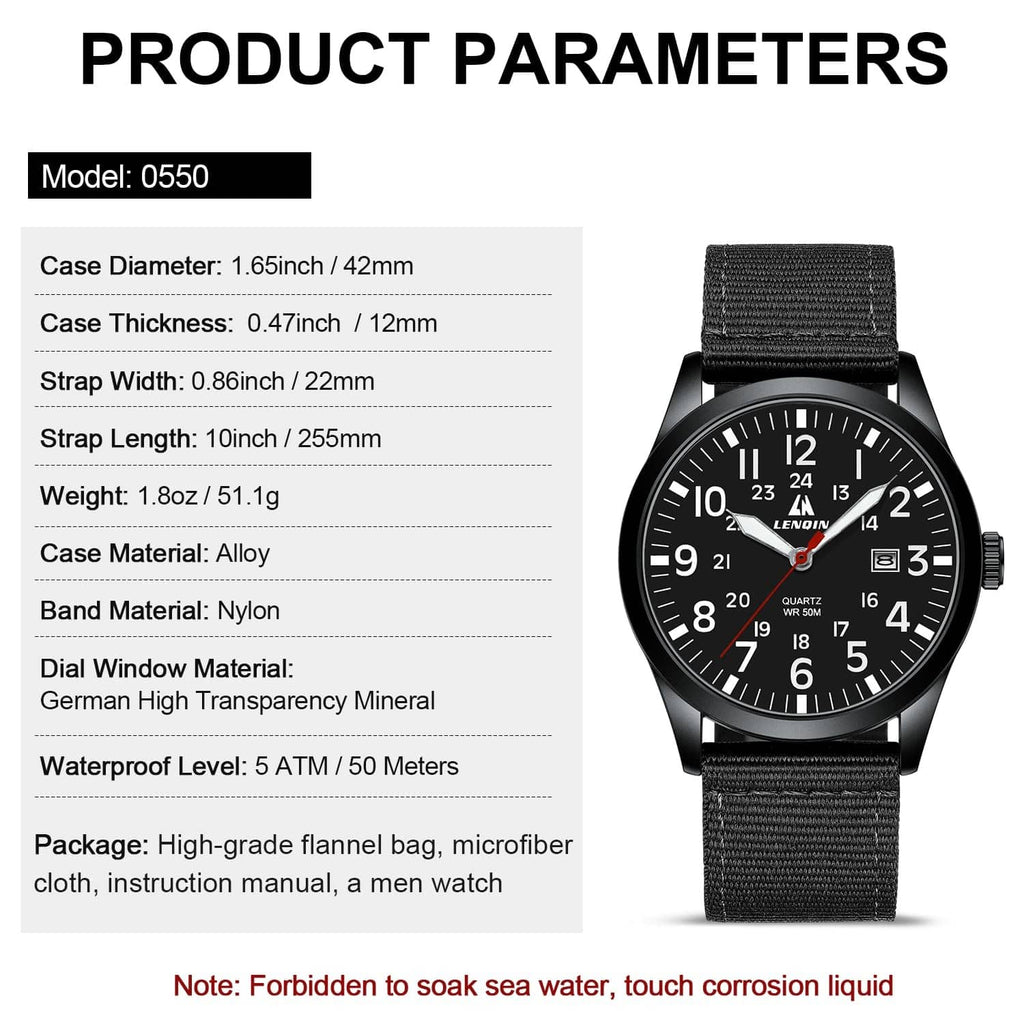 Black round watch with black dial and black nylon strap, shown beside specs