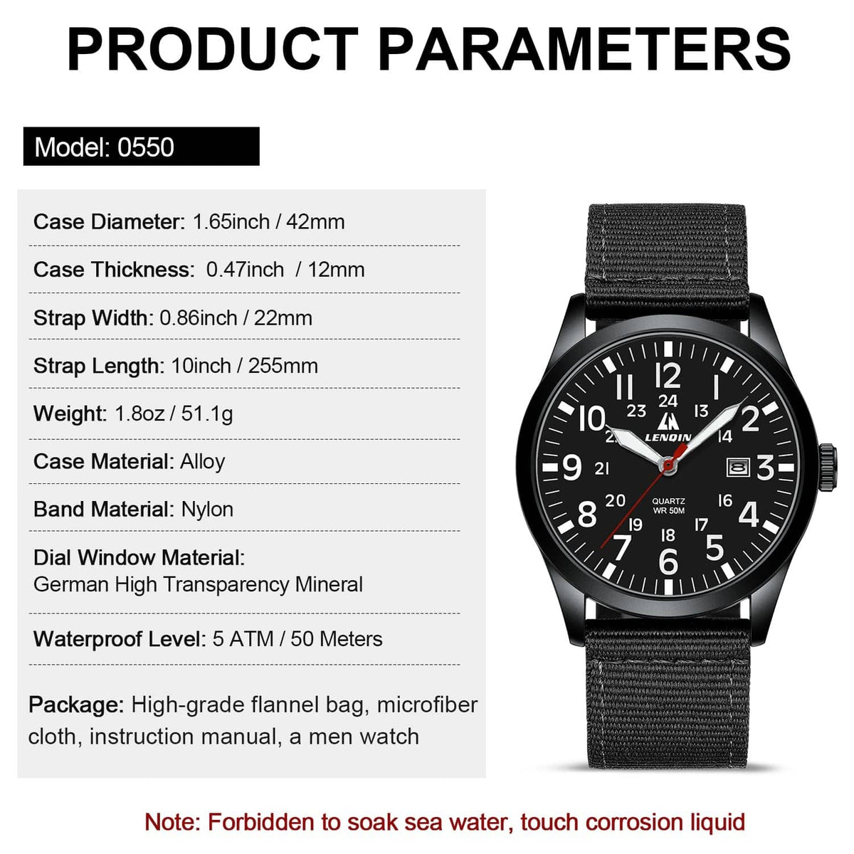 Black round watch with black dial and black nylon strap, shown beside specs