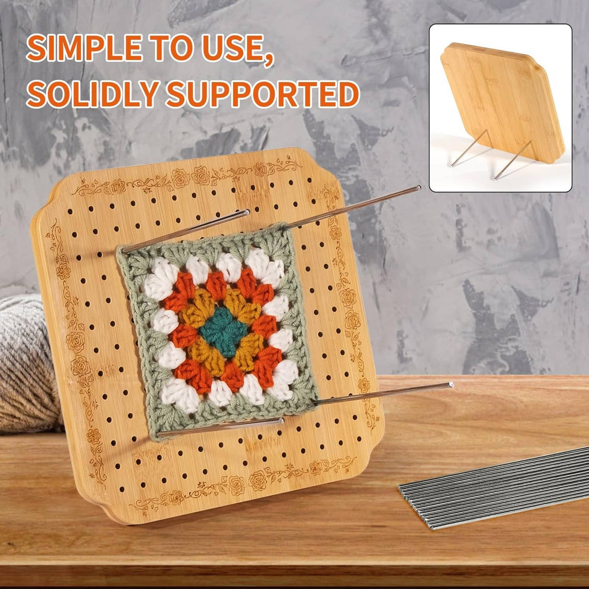 Light tan crochet blocking board with crocheted square and metal support pins