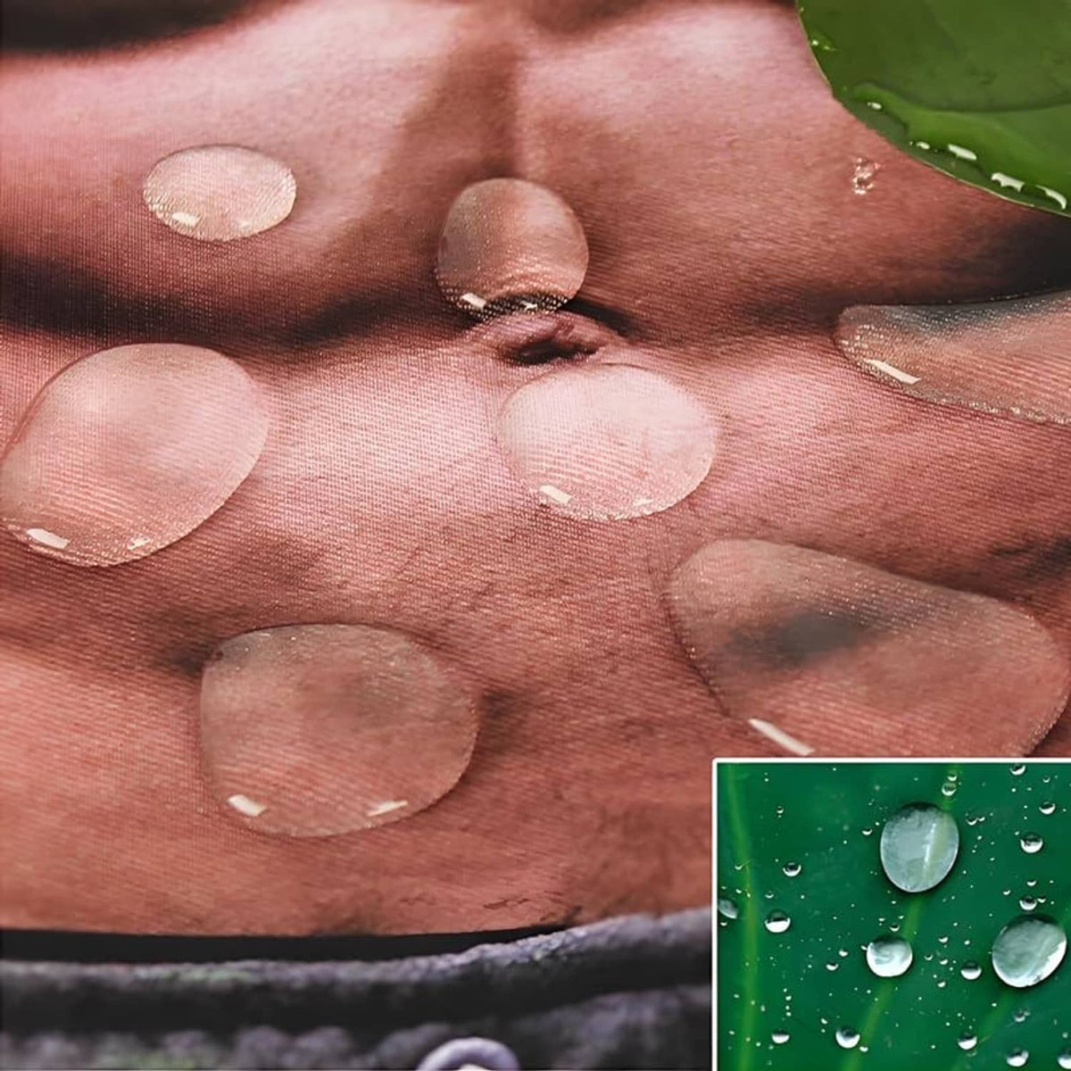 Fabric close-up with water droplets over torso print and red shorts