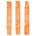 Orange deck blade set with three blades, each with multiple mounting holes