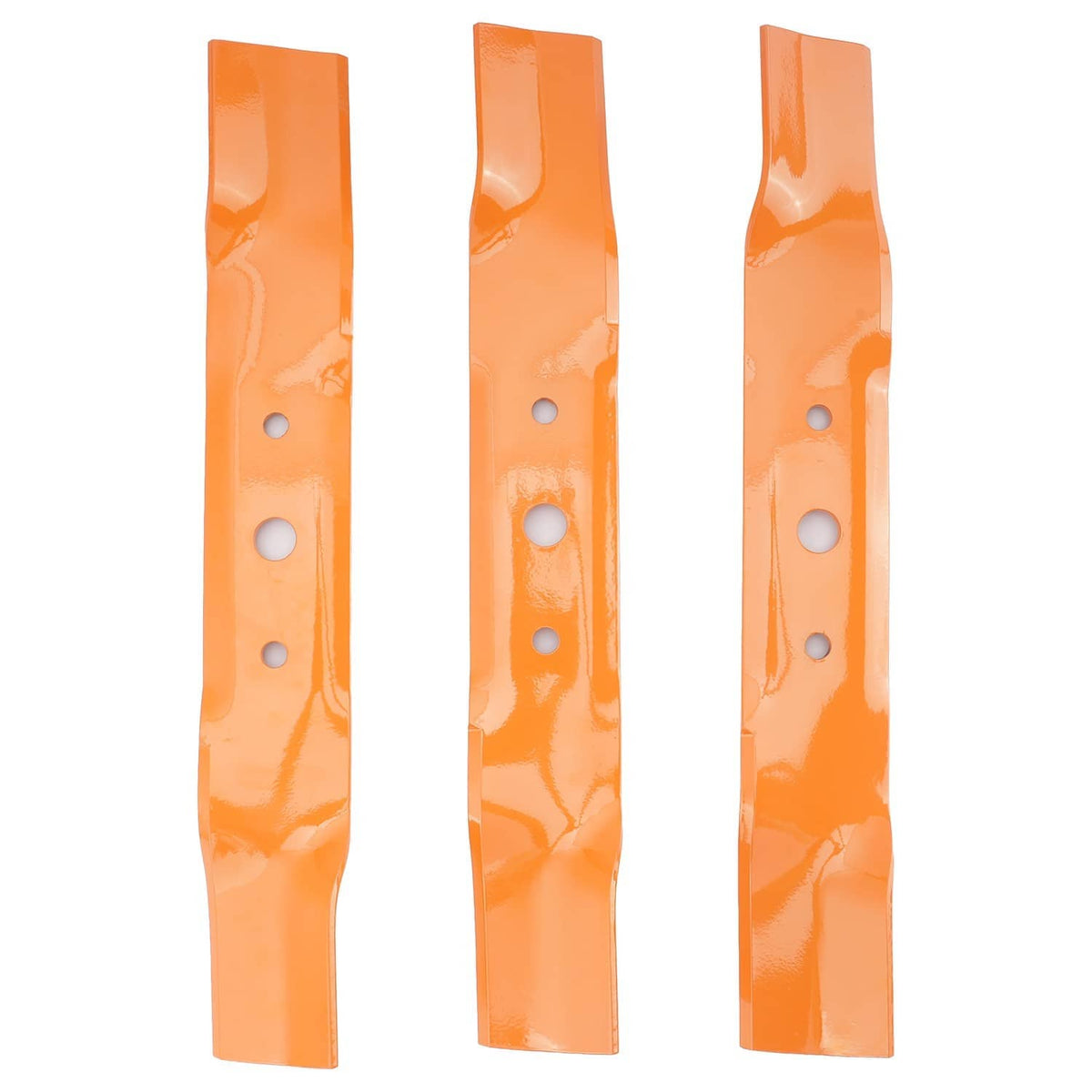 Orange deck blade set with three blades, each with multiple mounting holes