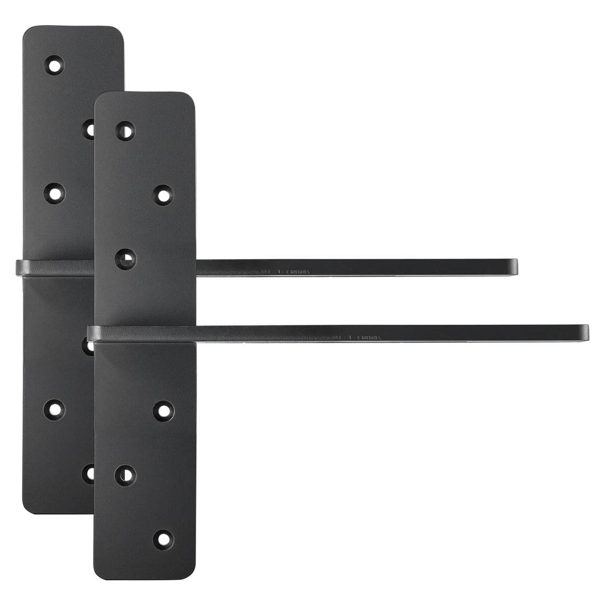 Set of 2 heavy-duty floating shelf brackets, dark metal with screw holes and arms