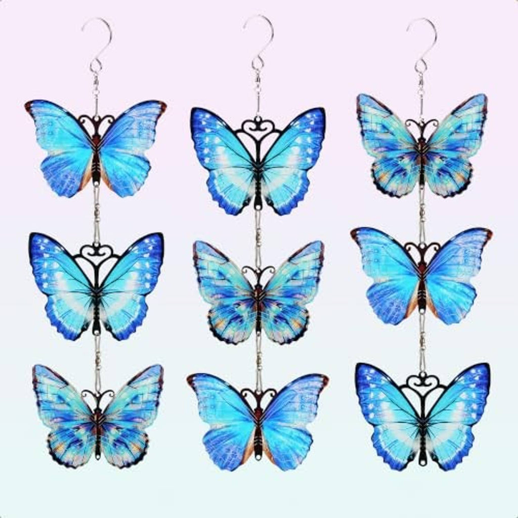 Blue butterfly metal hanging spinners, silver hooks and chains, 9-piece set