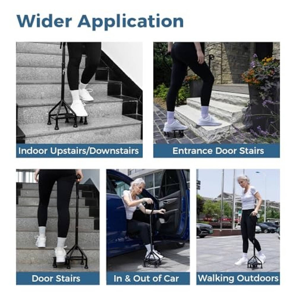 Stair-climbing assist cane used on indoor stairs, entry steps, and outdoor walkways
