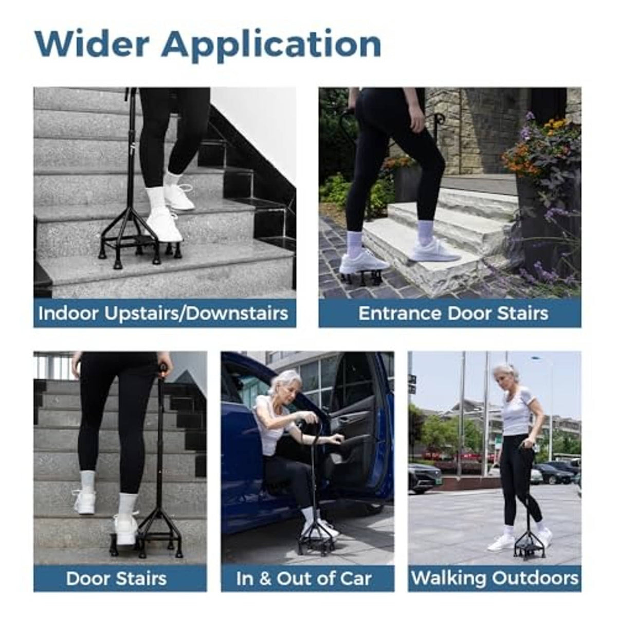 Stair-climbing assist cane used on indoor stairs, entry steps, and outdoor walkways